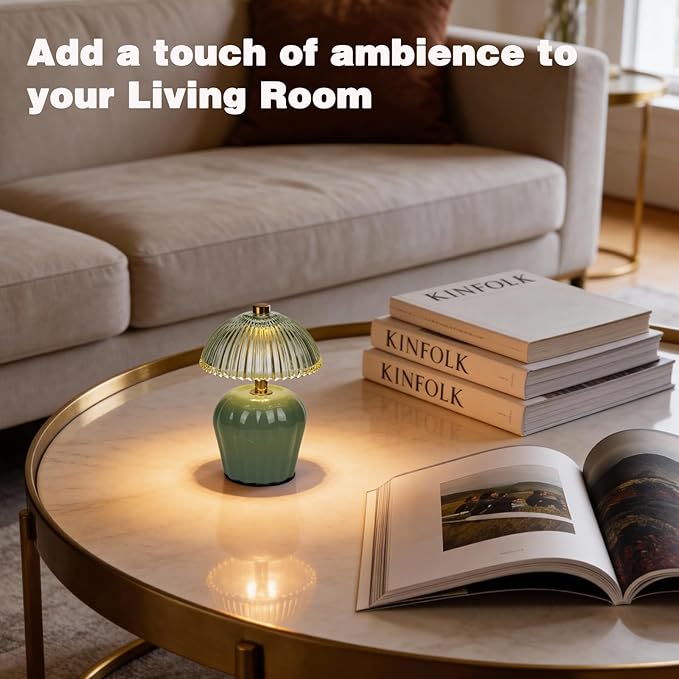 MJ PREMIER Small Cordless Lamp, Battery Operated Lamp with Timer, Mini Crystal Glass Mushroom Lampshade, Cute Small Table Lamps, Decorative Led Light for Bedroom Living Room Shelf (Green)