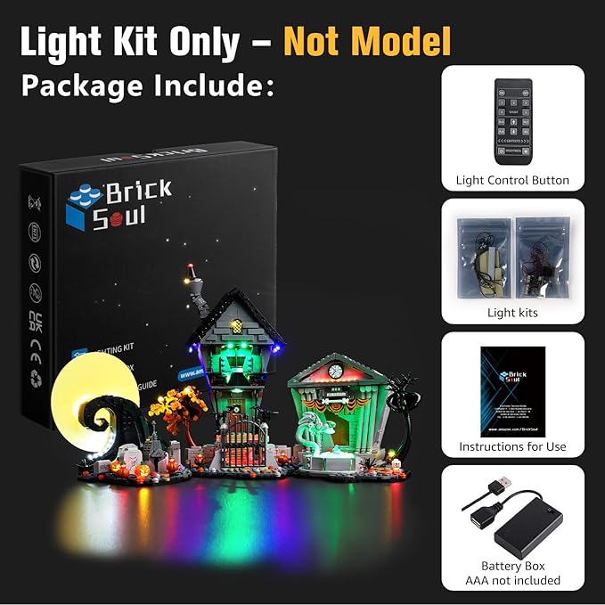 BrickSoul Advanced RC Light Kit for Lego 21351 Tim Burton's Nightmare Before Christmas Building Set | Upgraded Wireless ON/OFF & Dimming & Zonal Lighting with Hidden Cable Tech(21351 Set NOT Included)
