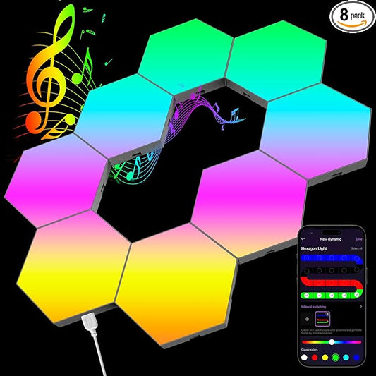 Large Hexagon Lights 8 Pack LED Gaming Panel - RGB Led Hex Light Panels Remote & App Control Geometry Night Lamp DIY Hexagon Smart Wall Lights Sync to Music for Room Bar Decor Gaming Setup