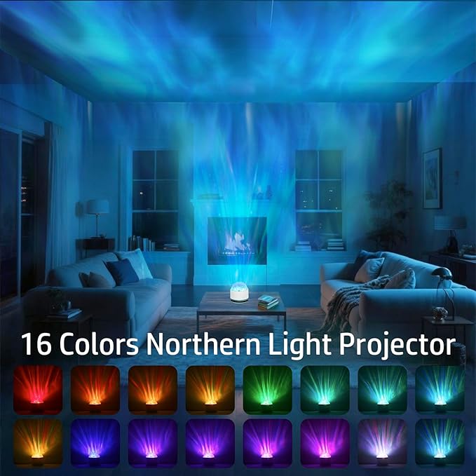 Northern Lights Projector, Rechargeable 16 Color Aurora Night Light Projector Ambient Lighting with Dimmable & Remote Control for Bedroom Kids Teen Girl Gift Room Decor - 2P