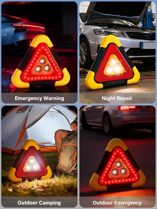 Road Safety Triangles LED Warning Triangles, 4-in-1 USB Rechargeable Emergency Reflector with LED/Power Bank/Flashlight & SOS, 3H Working Times for Vehicle Breakdown, Traveler