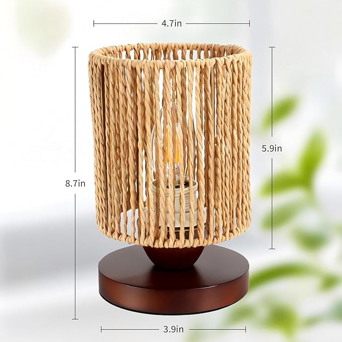 Handmade Rattan Lamp Boho Table Lamp for Bedroom, Stepless Dimming Small Woven Lamps for Night Stands with Warm White LED Bulb, Coastal Boho Lamp for Living Room Reading Nook Office Desk