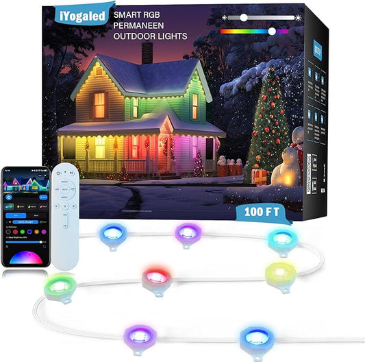 Permanent Outdoor Christmas Lights 100ft,Smart RGB Color Changing Eave Lights with 63 Scene Modes, IP67 Waterproof Permanent Holiday Lamps Outdoor,APP,Voice,Remote Control