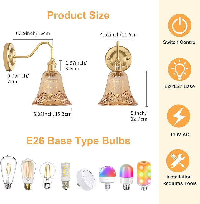 Battery Operated Wall Sconce Set of 2, Vintage Rechargeable Wall Lights with Amber Morning Glory Glass Shade, Wireless Indoor Wall Lamp with Remote for Bedroom Living Room Bathroom