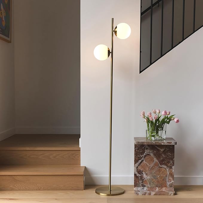 Brightech Sphere Floor Lamp for Living Room, Mid-Century Modern 2 Globe Pole Light for Bedroom, Bright LED Standing Lamps for Offices, Contemporary Living Room Décor – Gold/Antique Brass