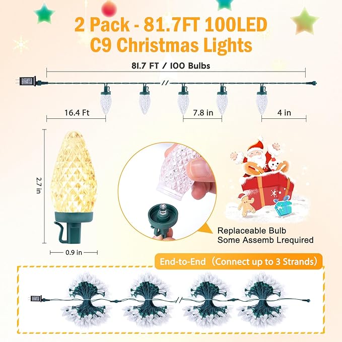 Brightown C9 Christmas Lights Outdoor 2 Pack - Total 162 FT 200 LED C9 String Lights, with Timing & Memory, 8 Modes, Connectable, Waterproof - for Indoor Outside Tree Home Yard Decoration, Red&White