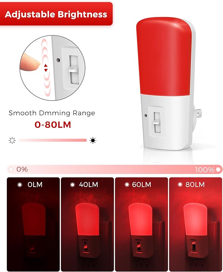 L LOHAS LED Red Night Light Plug in, Dimmable Light LED Night Lights with Dusk to Dawn Sensor, 5-80LM Adjustable Brightness Red Light for Nursery Kids Room Hallway Kitchen, Christmas Gift 2 Pack