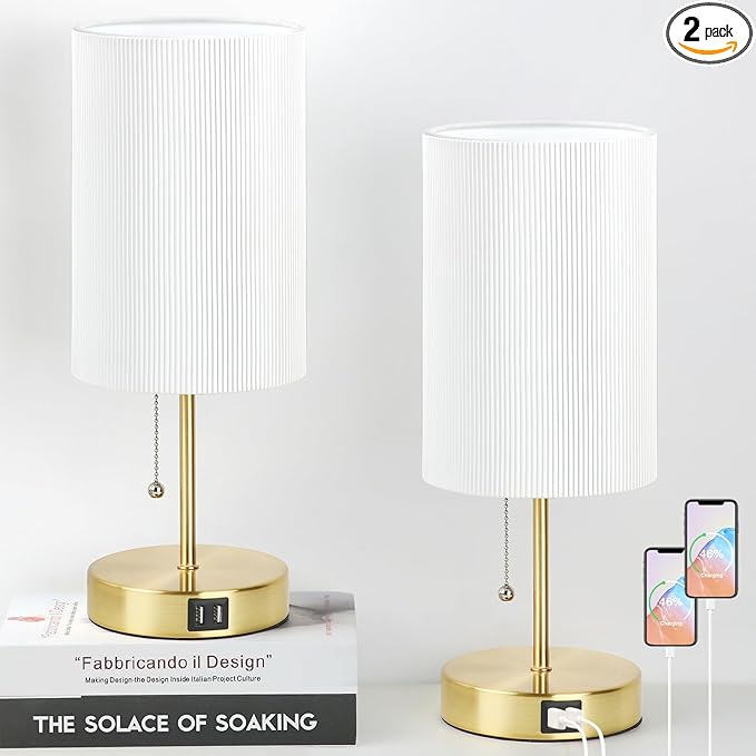 Lakumu 2 Sets Table Lamps with 2 USB, Minimalist Beside Lamps for Bedroom, Nightstand Lamp with Pull Chain, Desk Lamps with White Pleated Shade and Gold Metal Base for Living Room Dorm Reading Hotel
