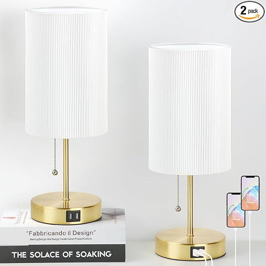 Lakumu 2 Sets Table Lamps with 2 USB, Minimalist Beside Lamps for Bedroom, Nightstand Lamp with Pull Chain, Desk Lamps with White Pleated Shade and Gold Metal Base for Living Room Dorm Reading Hotel