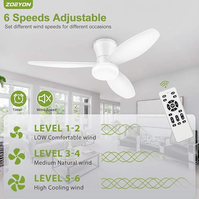 Small Ceiling Fan with Light - 42 Inch Flush Mount Ceiling Fan with Lights and Remote, Low Profile Ceiling Fans with 3 Reversible Blades, 6 Wind Speeds, White Ceiling Fans for Bedroom