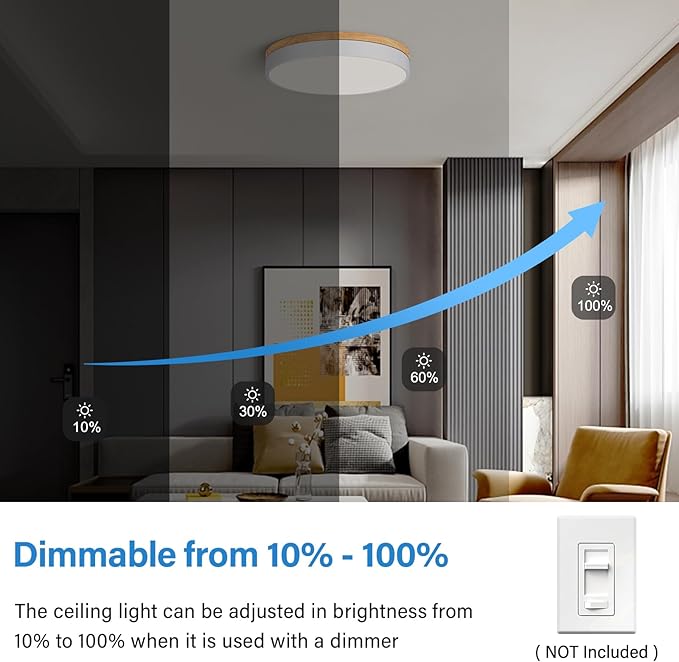Dimmable Wood LED Ceiling Light, 5CCT 2700K-6000K, 15.74in Modern White Minimalist Flush Mount Lamp for Bedroom, Living Room, Kitchen