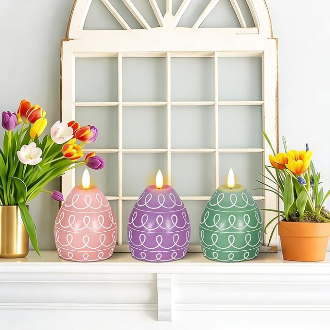 6PCS Easter Egg Flameless Candles,3 Color Scented Real Wax LED Candle,Egg Shape Flame Candle Set for Party Supplies Home Living Room Bedroom Party Decoration Centerpiece Easter Gifts Home Decor