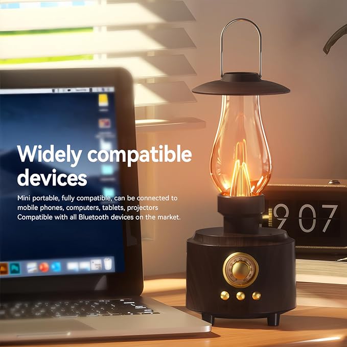 AVEKI Vintage Kerosene Table Lamp with Bluetooth Speaker, Infinitely Dimmable Rechargeable LED Lights for Bedroom, IPX4 Waterproof Bedside Lamps for Camping Party Holiday Home Decor Gift (Woodgrain)