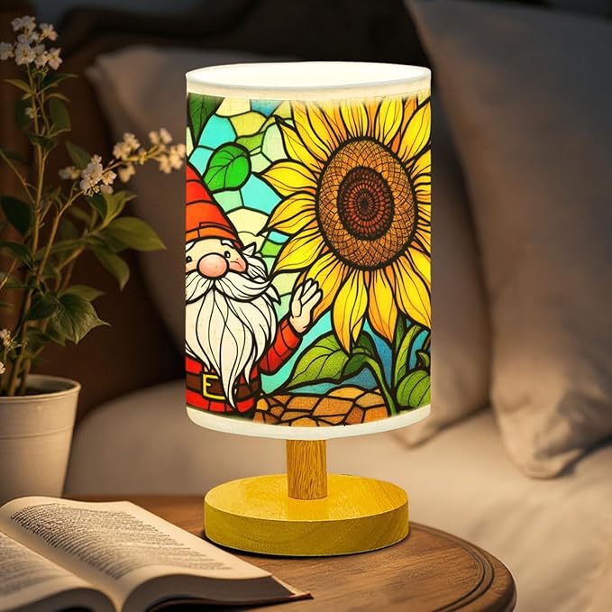 Gnome with Sunflower Table Lamp LED 3-Color Pressed Bedside, Gnome with Sunflower Shade Lamp with Wood Base for Bedroom Living Room Desk Office TL01