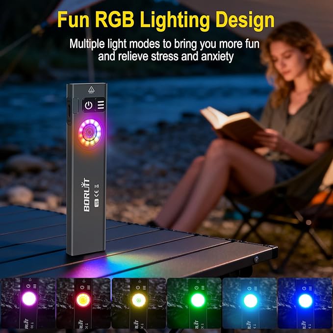 BORUIT U8 Small Flat EDC Flashlight,650 Lumens USB-C Rechargeable Pocket Flash Light with White, Yellow & RGB LEDs, IP67 Waterproof, Magnetic Tail & Clip for Camping, Hiking, Emergencies
