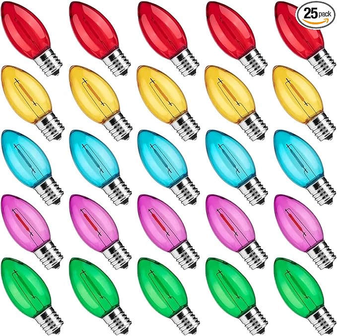 25 Pack C9 LED Multicolor Christmas Light Bulb, C9 Shatterproof LED Multicolor Bulb for Christmas Outdoor String Lights, E17 Intermediate Base Night Light Bulb, 0.6W Commercial Grade Dimmable Bulbs