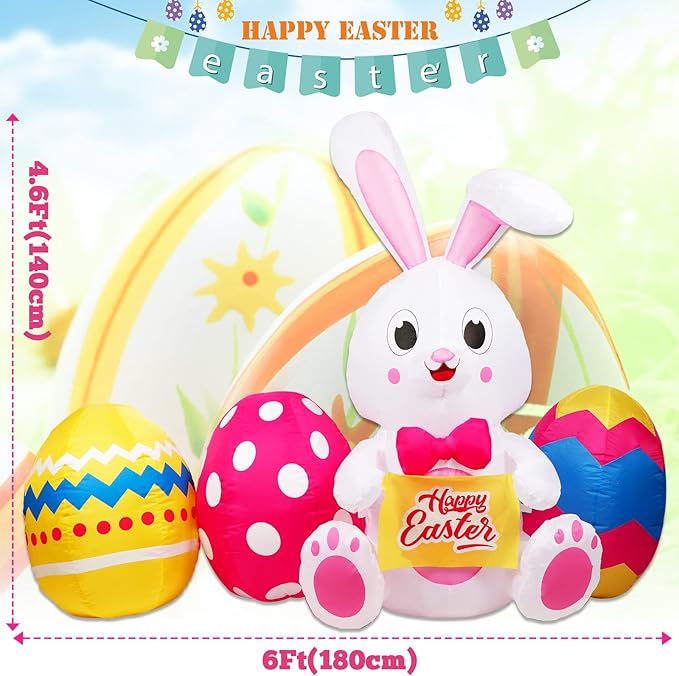 OurWarm 6 FT Easter Inflatables Outdoor Decorations Bunny and 3 Colorful Eggs, Build-in LED Lights Blow Up Yard Decorations for Easter Decor, Home Holiday Party Indoor, Outdoor, Garden, Lawn Decor