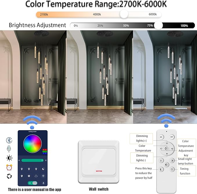 Flashing God Modern LED Chandelier, 10 Lights Black Dimmable Pendant Light with Remote High Ceiling Chandelier for Staircase Living Room Hallway Foyer