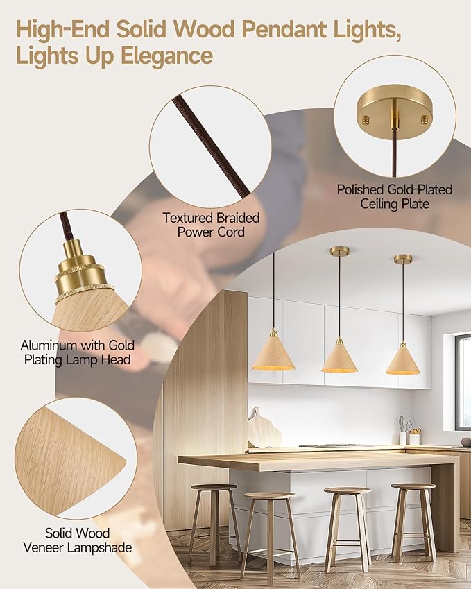 2 Pack Pendant Lights Kitchen Island, 8.3” Small Wood Pendant Light, Adjustable Height Hanging Light Fixtures, Kitchen Island Lights for Dining Room, Bedroom, Hallway, Bar (Natural Wood)