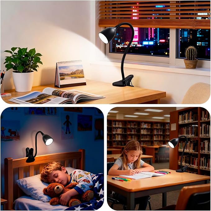 Desk Lamp for Home Office - Clip on Reading Light and Bed Headboard Clamp Lamp, Bedside Gooseneck Table Lamp, Clip on Desk Lamps, Eye-Caring Desk Lamp for College Dorm Room Study Lamp, Black