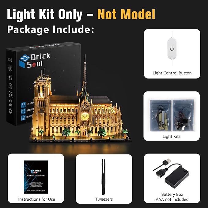 BrickSoul Upgrade Light Kit for Lego 21061 Architecture Notre-Dame de Paris Building Set | with ON/Off & Dimmer Switch & Hidden Cable Tech | Easy Install Lighting Set (21061 Set NOT Included)