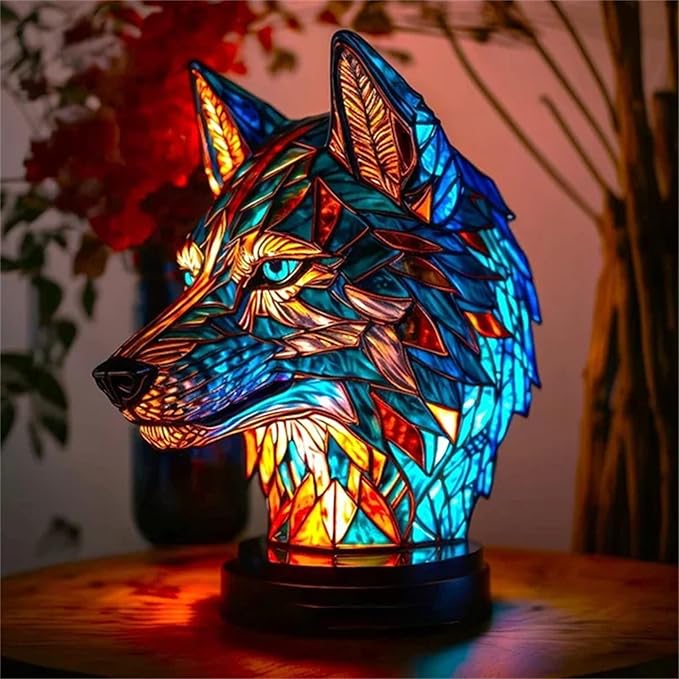 Mmoneyake Animal Table Lamp Series, Retro Stained Animal Table Lamp, Creative Stained Owl/Cat/Wolf/Turtle/Rooster/Horse Night Light for Home Decoration