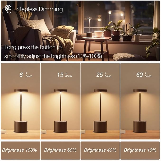 2-Pack Cordless Rechargeable Table Lamps, 3 Color Temperatures and Stepless Dimmable, IP54 Waterproof Portable Battery Operated LED Lights for Outdoor Patio Bedside Restaurant, Mocha