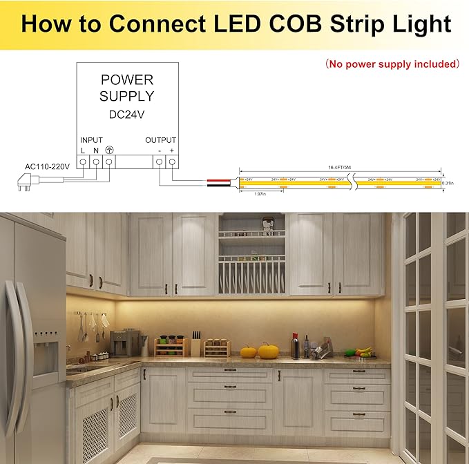 16.4ft COB LED Strip Lights Waterproof IP68, 2700K Warm White Outdoor 24V Dimmable Silicone LED Tape Lighting High Density, 4000LM+, 1600LEDs Clips and Screws(Power Supply Not Included)