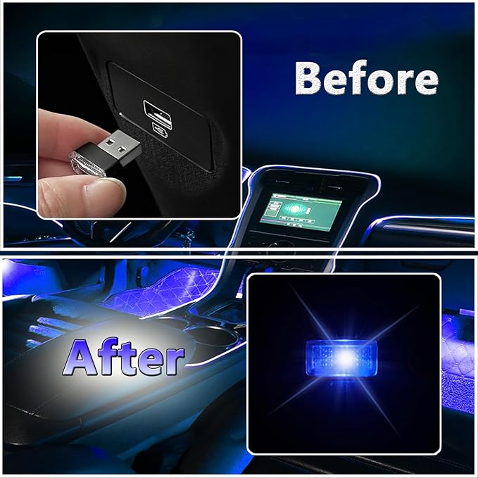 2 Pcs USB LED Car Interior Atmosphere Lamp, Night Light LED Decoration Light Ambient Lighting Kit Interior LED Lights, Portable Vehicle Ambient Lighting Kit for All Car Interior Accessories (Blue)