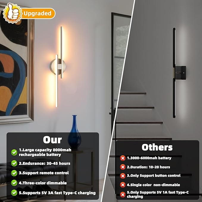 Battery Operated Wall Sconce Set of 2, Brushed Nickel 23.6" 3000K-6500K Dimmable Wall Sconces with Remote Control, Wireless Wall Light Rechargeable for Bedroom Hallway Living Room Background