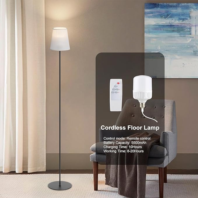 Cordless Floor Lamp with Remote Control, Rechargeable Dimmable LED Light Bulb, Adjustable Height Stand Lamp for Living Room, Bedside, Black