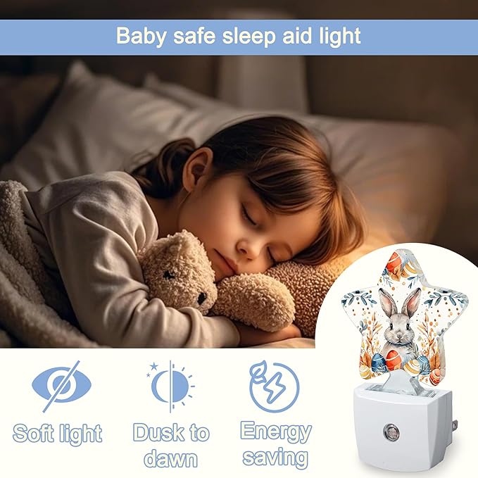Night Light,Cute Easter Bunny Plug into Wall with Dusk to Dawn Light Sensors,Eggs Rabbit Warm Star Nightlights for Bedroom,Bathroom,Hallway,Kitchen Home Decor Desk Lamp