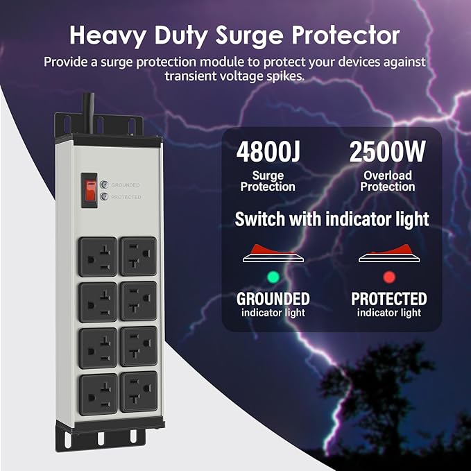 CCCEI Grey Heavy Duty Power Strip Surge Protector 20 AMP, 8 Outlets 12 Gauge Industrial Shop Garage Metal Multiple Outlets, 12 FT Extension Cord 5-15P Adapter High Amp 6-20R T-Slot 20a for Appliance