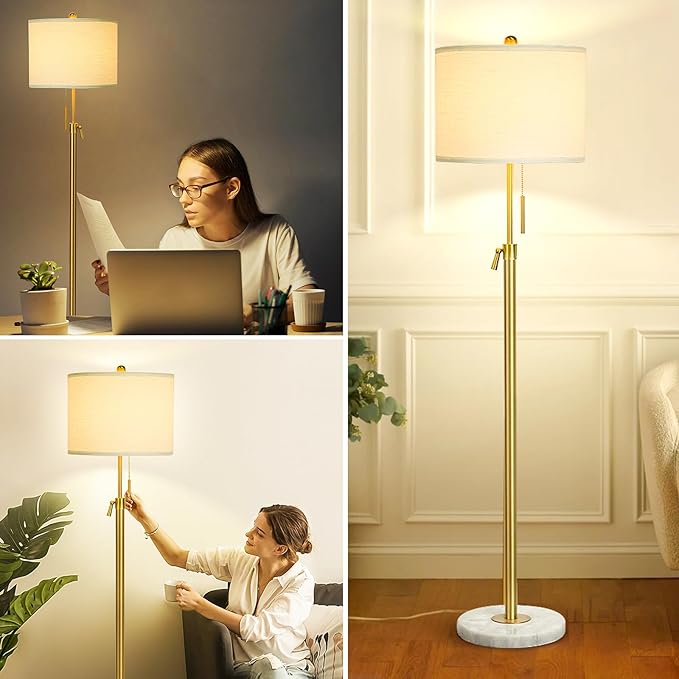 【Upgrade】 Gold Floor Lamps for Living Room, 55"-67" Height Adjustable Modern Standing Lamp with Marble Base, Pull Chain Switch, 3-Way Dimmable Tall Pole Lamp for Bedroom Office Reading, Bulb Included