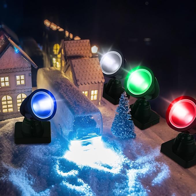 Kingdder 4 in 1 Accessories for Villages Building Light Christmas Village Collection Round Spotlights Battery Operated LED Light with Switch for Christmas Landscape(Multicolored,4 Pcs)