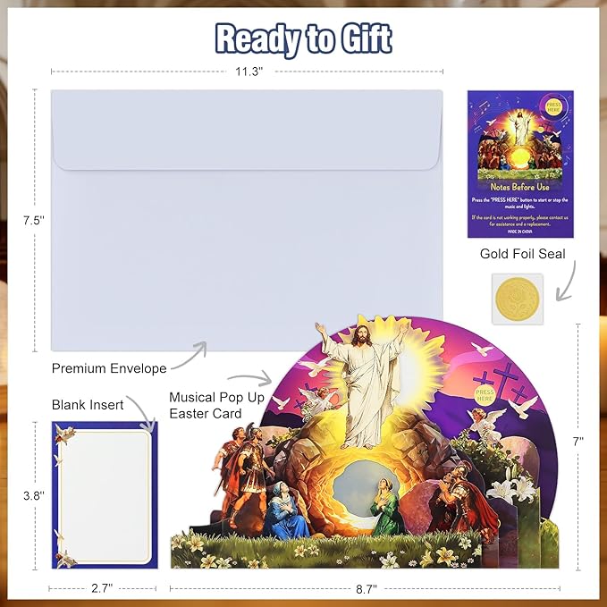 FaCraft Musical Easter Cards Religious, He is Risen Jesus Resurrection 5-Layer Pop Up Card with Light & Music, with Envelope, Plays Hallelujah for Sympathy Baptism Confirmation Get Well Encouragement