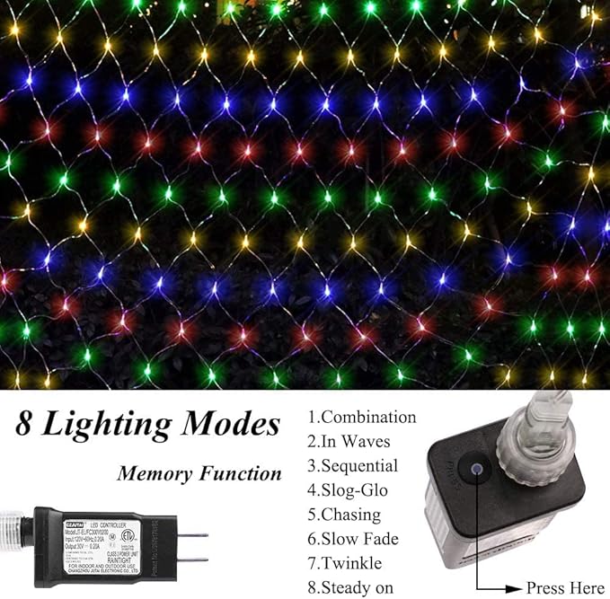 weillsnow 198 Led 9.8ft x 6.6ft 198 LED Net Lights, Connectable 8 Lighting Twinkle Modes Mesh Lights for Christmas Outdoor Patio Garden Bush Fence Decorations (Multi-Colored)