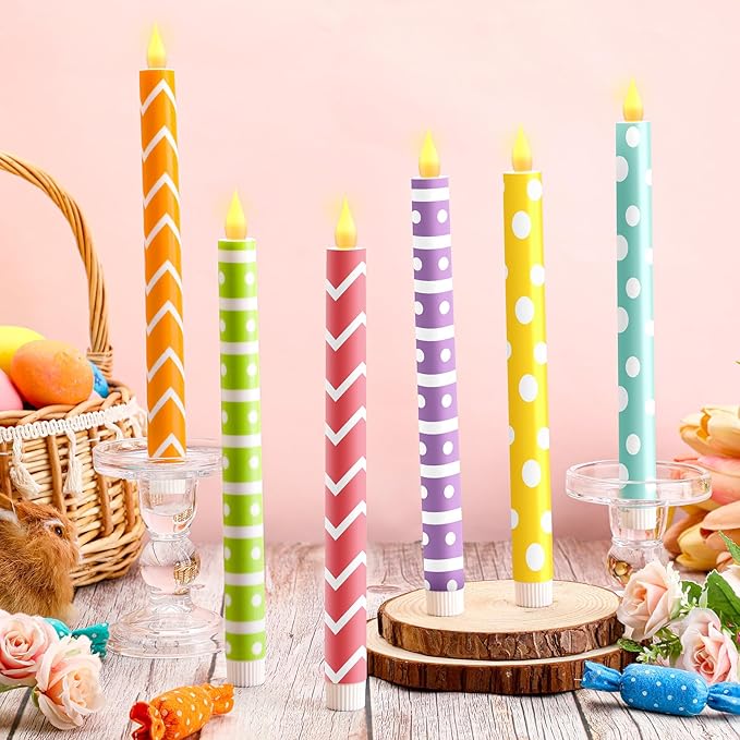 Honoson 6 Pcs Easter Flameless Taper Candles 10.6 Inch Colorful Candles Battery Operated LED Candlesticks for Easter Dinner Table Home Party Decor