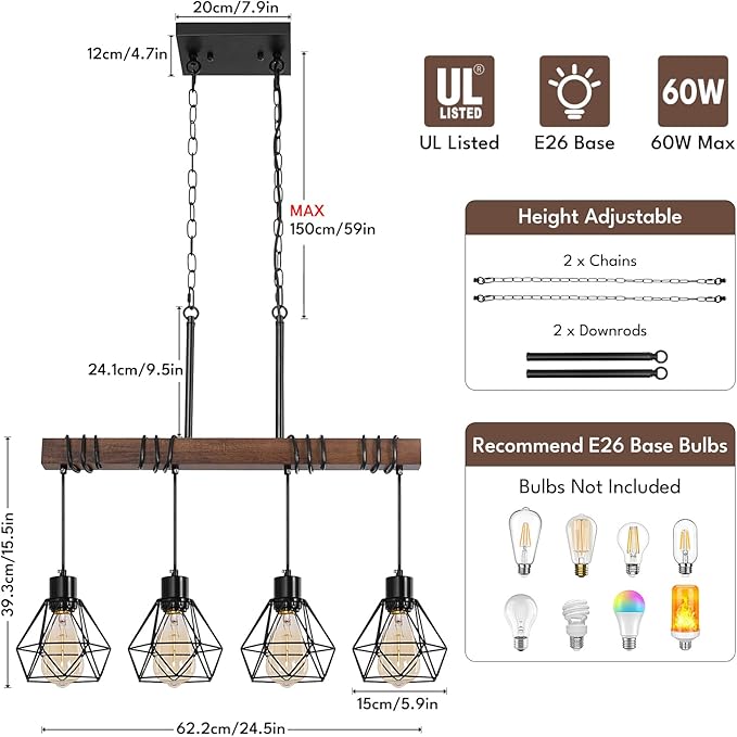 4-Light Modern Farmhouse Chandelier for Dining Room - Black Metal & Rustic Wood Kitchen Island Lighting with Adjustable Height, 29.5" Linear Pendant Light Fixture with Diamond Shades, UL Listed