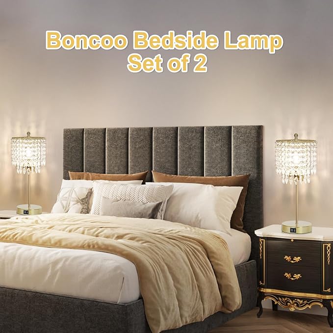 Boncoo Crystal Table Lamp Set of 2, 3-Way Dimmable Nightstand Lamp with 2 USB Charging Ports, Gold Bedside Lamp for Bedroom, Touch Lamp with Elegant Shade for Living Room, B11 LED Bulb Included