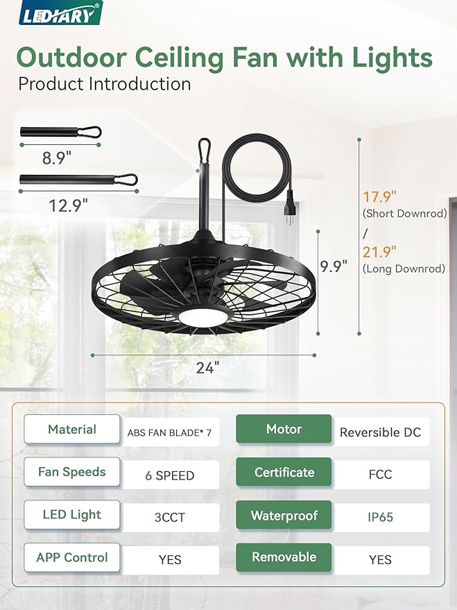 LEDIARY 24" Outdoor Ceiling Fan with Lights,IP65 Waterproof Gazebo Hanging Fan with Remote Control Smart App, Plug in Caged Ceiling Fan with 3CCT 6-Speeds for Patio Porch Pergola(Black)