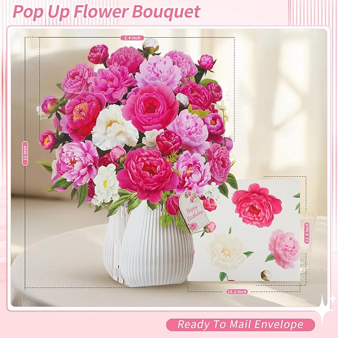 Birthday Cards with MUSIC & LIGHTS, Pop Up Happy Birthday Cards, Pink Penoy, 10 Inch Life Sized Forever Flower Bouquet Greeting Card Gifts for Women Mom Grandma