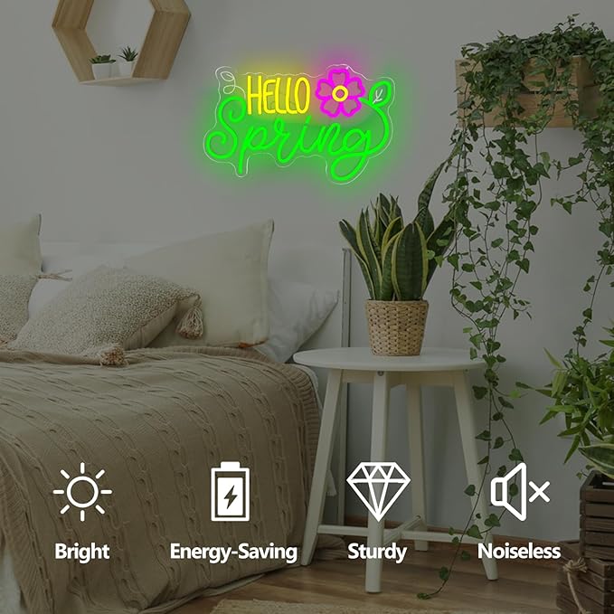 Hello Spring Neon Sign Daisy Flower Led Signs Dimmable Hello Spring Sign Springs Welcome Neon Lights Easter Decorations for Home Office Classroom Party
