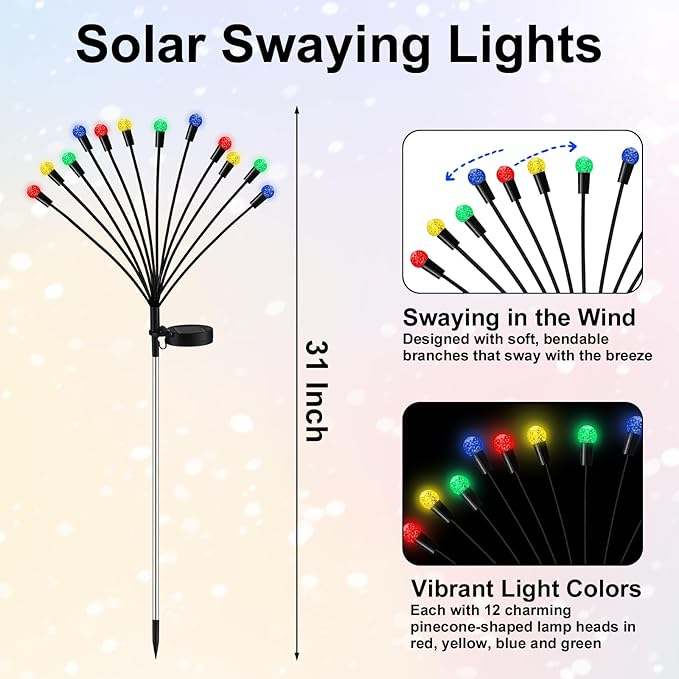 4 Pcs St Patricks Day Outdoor Decorations Solar Lights Waterproof Green 48 LED Swaying Pathway Firefly Stake Lights for Outside Yard Garden Lawn Decorations(Multicolor,Pineapple Ball)