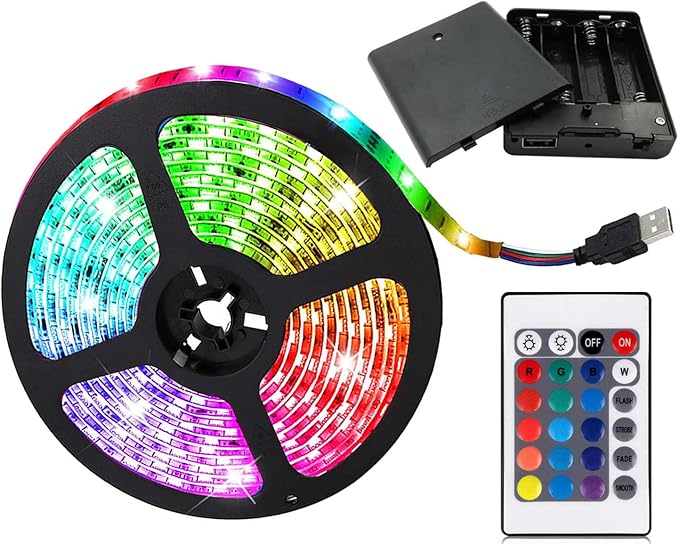 Battery Powered Led Strip Lights, 5050 2M/6.6FT, Flexible Color Changing RGB LED Light Strip, 60 LEDs 5V Battery-Powered with Controller. (1)