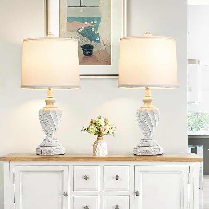 22.4" Farmhouse Table Lamps for Bedrooms Set of 2, Rustic Resin End Table Lamps for Living Room Gold Trim Base, Bedside Nightstand Lamps, Bulbs Included