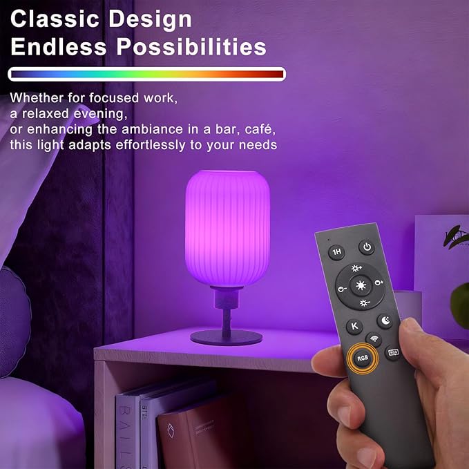 Mid Century Glass Table Lamp,Dimmable Desk Lamp,LED Bulb Included,Remote RGB Color Changing,White Ribbed Glass