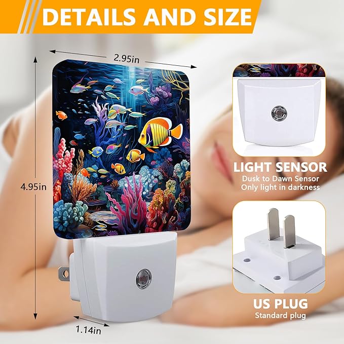 Underwater World Fish Night Light, Plug-into Nightlight White LED Lamp, Energy Efficient Decor Desk Lamp for Bedroom Hallway Stairs Bathroom