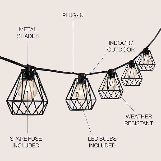 JONATHAN Y JYL8705A Indoor Outdoor Contemporary Transitional Incandescent G40 Diamond Cage String Lights Garden Patio Backyard Porch Balcony, 10 ft. 10-Light, Black