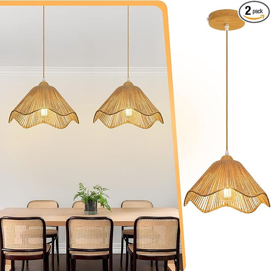 2 Pack 12.4" Wave Rattan Chandelier Pendant Lights Kitchen Island,Farmhouse Boho Chandeliers Adjustable Height Hanging lamp for Dining Room,Kitchen Ceiling Light Fixtures Woven Wicker Lampshade